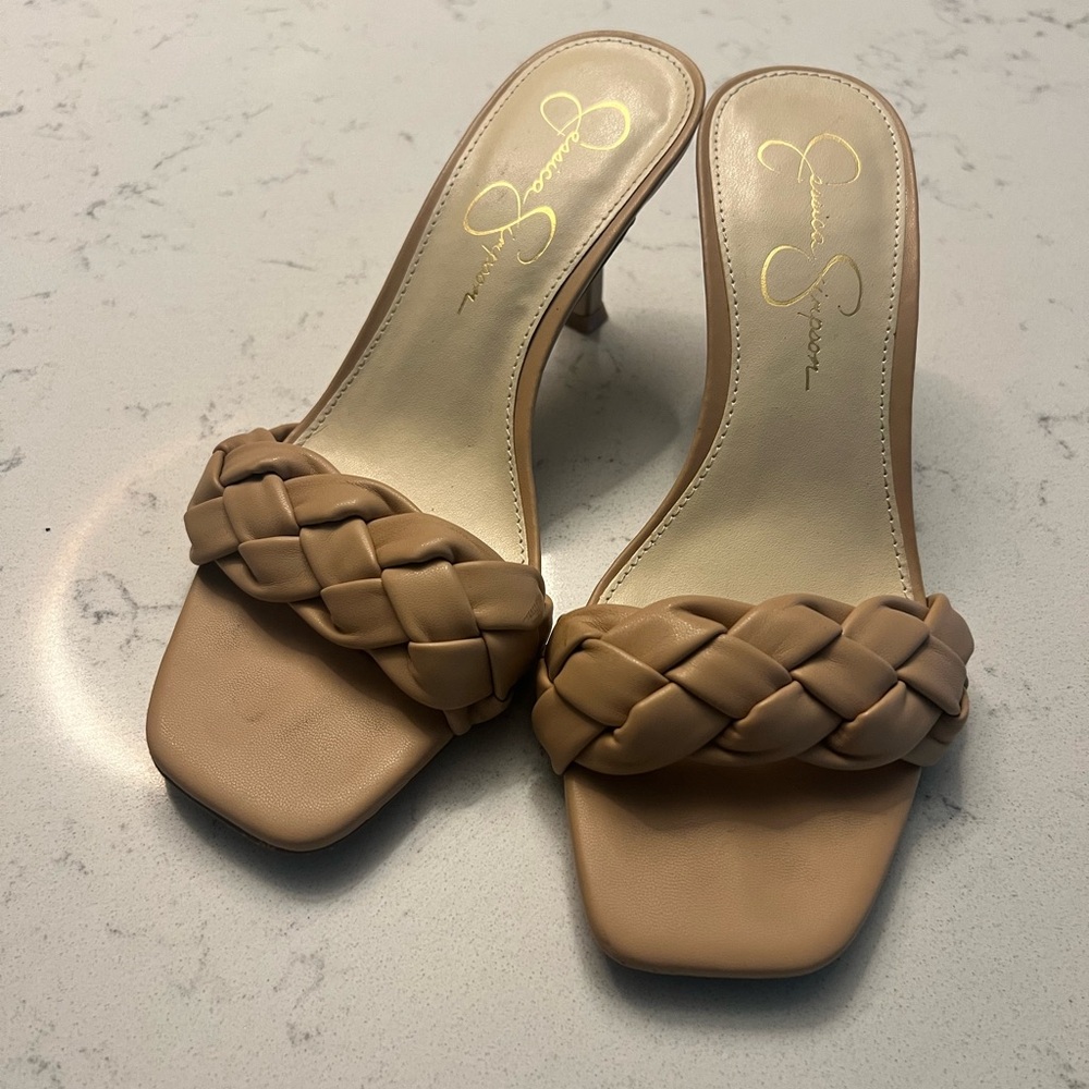 Elegant Tan Braided Kitten Sandals, Jessica Simpson Size 7.5